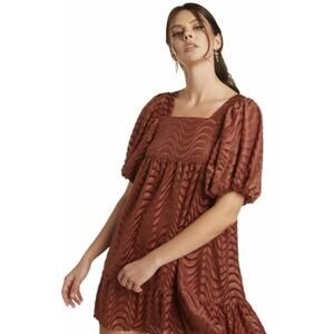 Moon River Rust Colored Velvet Square Neck Puff Sleeve Mini Dress - Size - Small